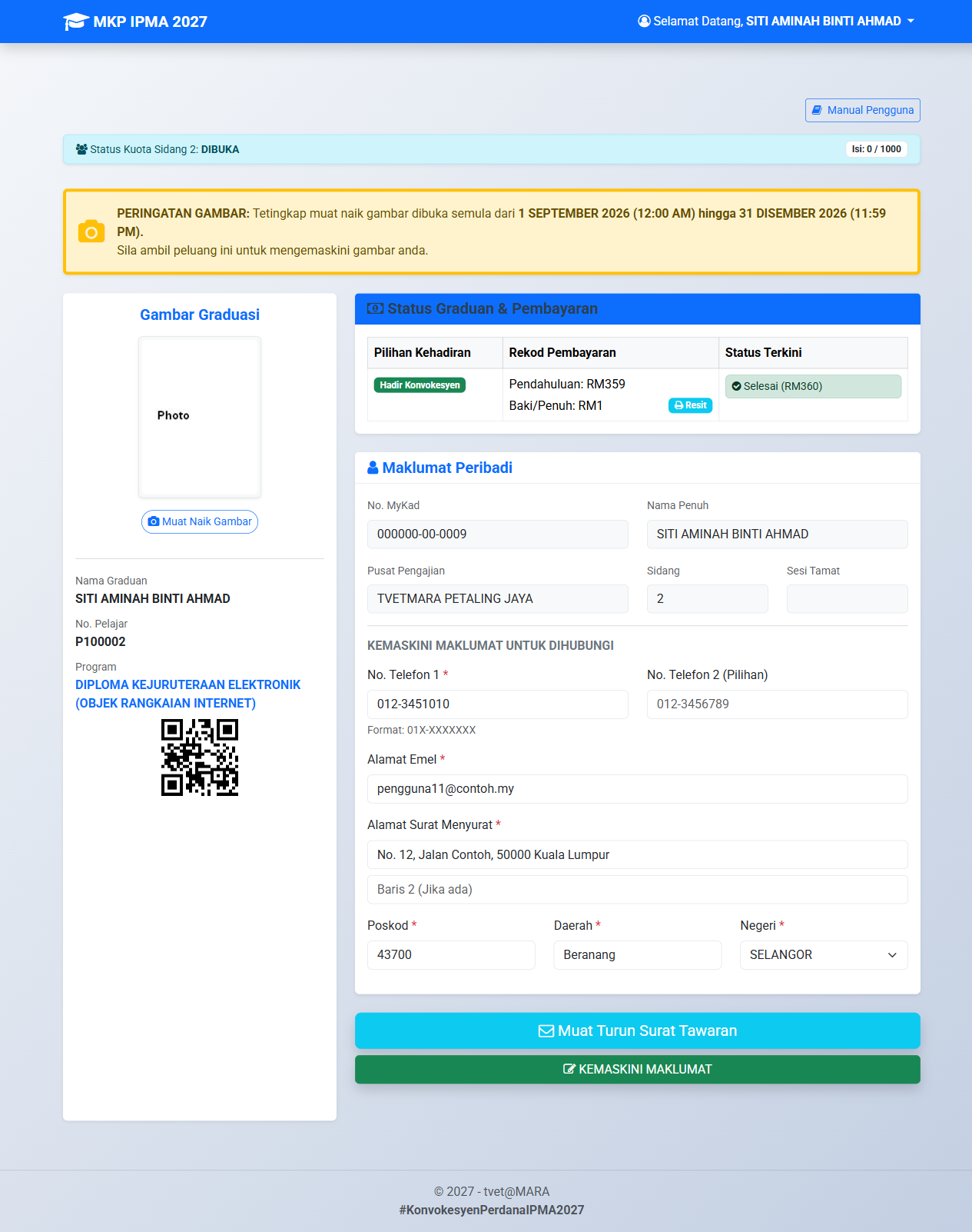 Dashboard selepas bayaran penuh