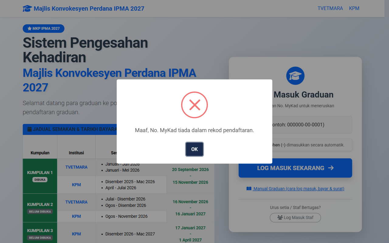 Contoh mesej apabila No. MyKad tiada dalam rekod